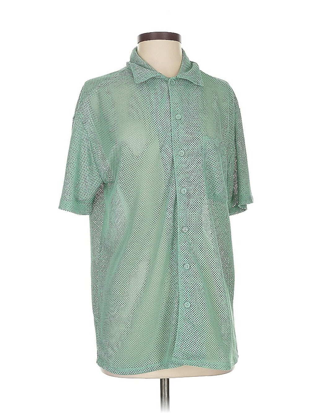 Negative Space Mesh Button Up Shirt Short Sleeve Perforated Sea Green Size Small